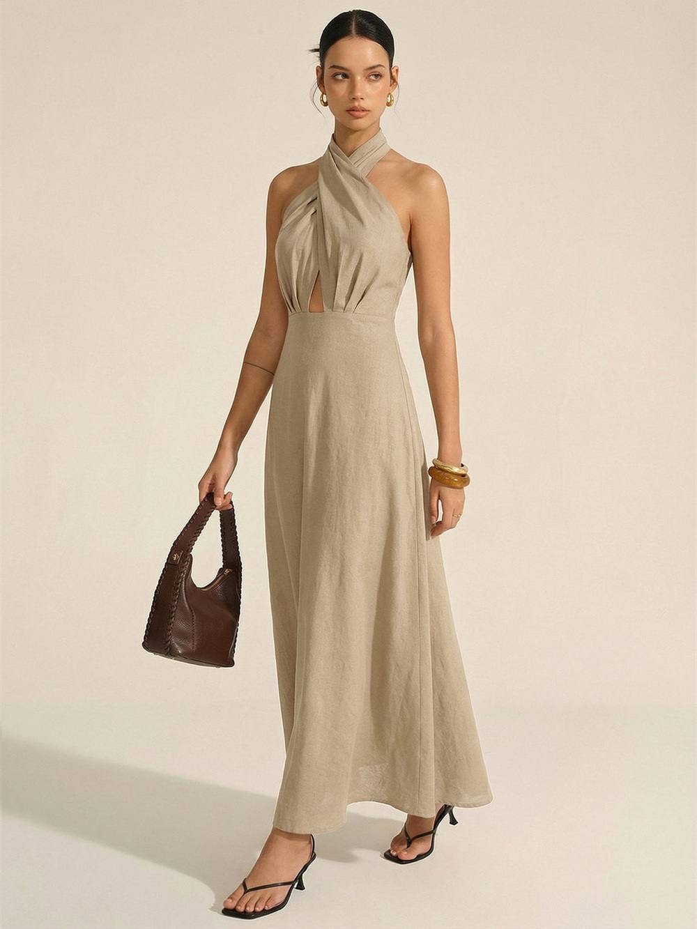 Commense Beige Cross-Neck Backless Maxi Dress